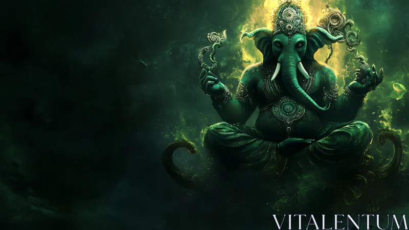 Mythic elephant-headed deity in glowing emerald aura.