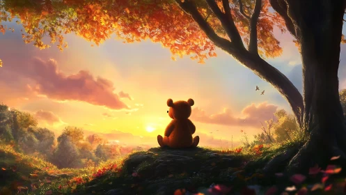 Solitary teddy savors a glowing autumn sunset beneath trees