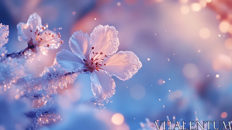 Frost-encrusted blossoms with luminescent bokeh under crystalline morning light