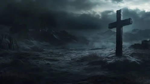 Weathered stone cross in dark, misty mountain landscape.