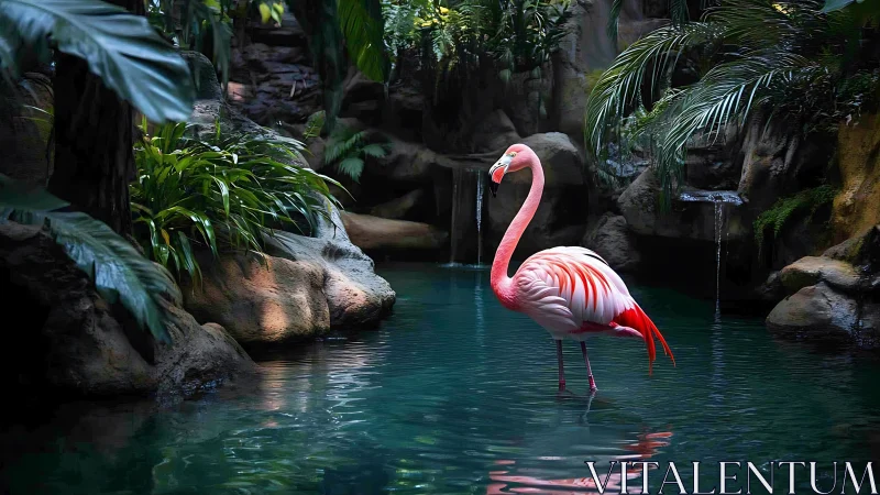 Graceful flamingo stands in lush jungle pool at dusk