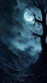 Moonlit ravine of crooked trees and whispering shadows.
