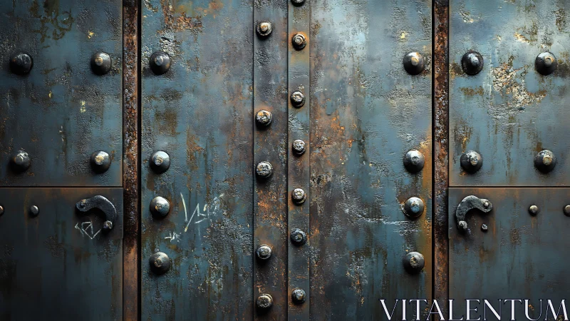 Weathered riveted metal door with rusted blue panels.