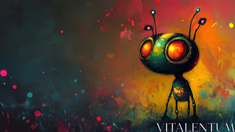 Small alien figure stands against saturated abstract backdrop