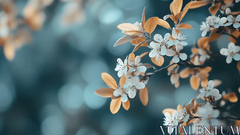 Spring Blossom Branch with White Flowers and Golden Foliage