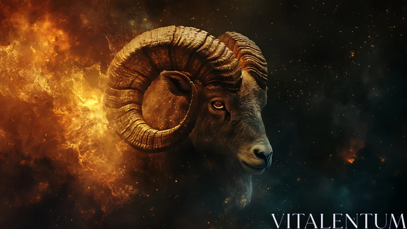 Starforged ram spirit emerging from a cosmic inferno.