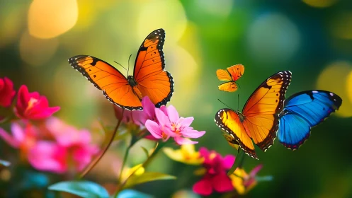 Butterflies on pink flowers against blurred green background.
