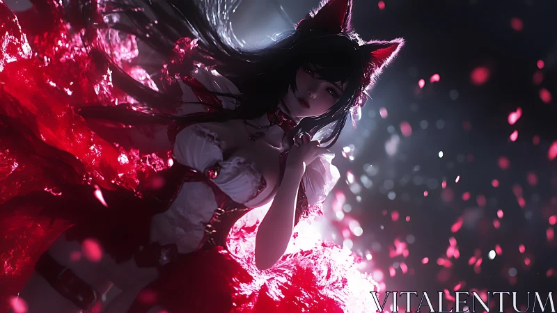 Anime kitsune enchantress in dynamic crimson particle bloom.