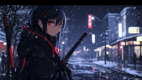 Midnight street samurai with ember eyes in drifting snow.