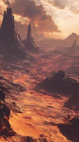 Sunset storms pour molten light across the alien valley