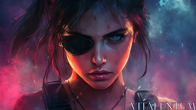 Battle-worn woman with eyepatch in neon rim lighting stares forward