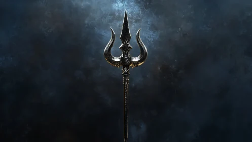 Metal trident symbol against dark textured background.