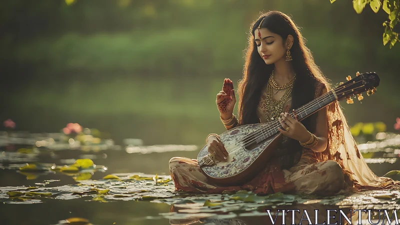 Riverborn raga as serene goddess strums a floral lute.