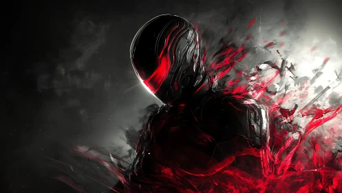 Midnight cyber specter erupts in shards of liquid crimson