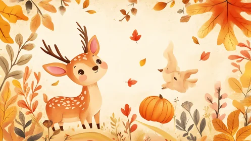 Cute deer and squirrel in warm autumn forest scene.