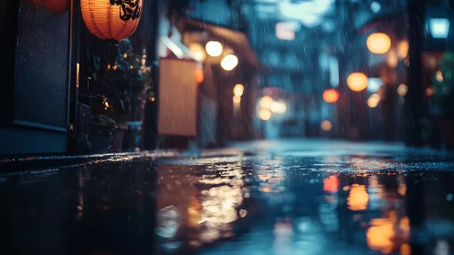Photorealistic rainy alleyway with lantern bokeh reflections.