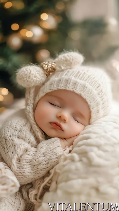 Newborn in ivory knitwear resting by festive bokeh lights.