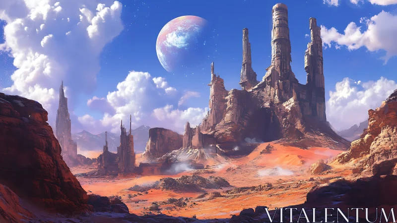 Colossal alien buttes rise over luminous red desert sky