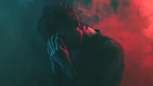 Moody male portrait uses teal and red rim lighting to dramatize