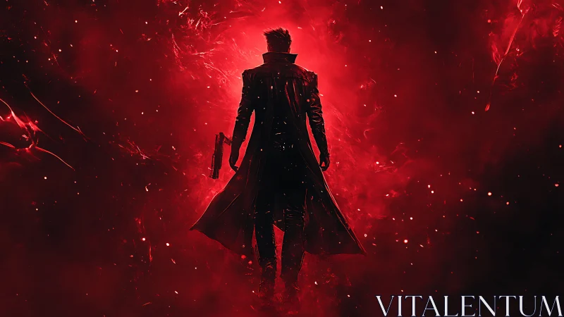 Silhouetted figure stands in red backlit nebula-like haze