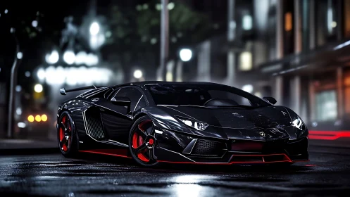 Black supercar cuts through wet neon city street at night