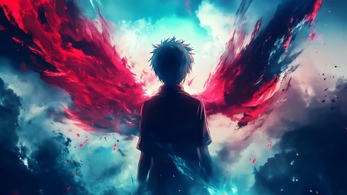 Backlit anime figure with bifurcated chromatic energy wings.