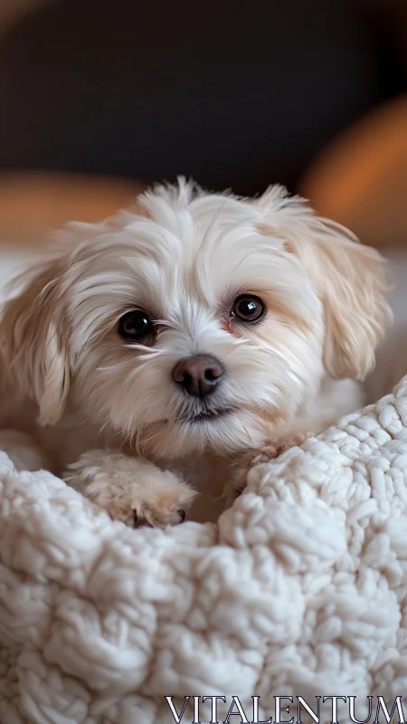 Cozy cream puppy nestled in clouds of fleece and warmth.