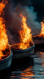 Boats Engulfed in Dramatic Orange Flames at Dusk