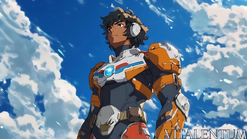 Skyward hero stands proud in bright orange sci fi armor