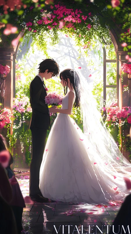 Anime wedding couple stands under luminous floral arch