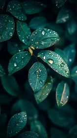 Macro foliage study with dew-laden leaves in low-key tonality.