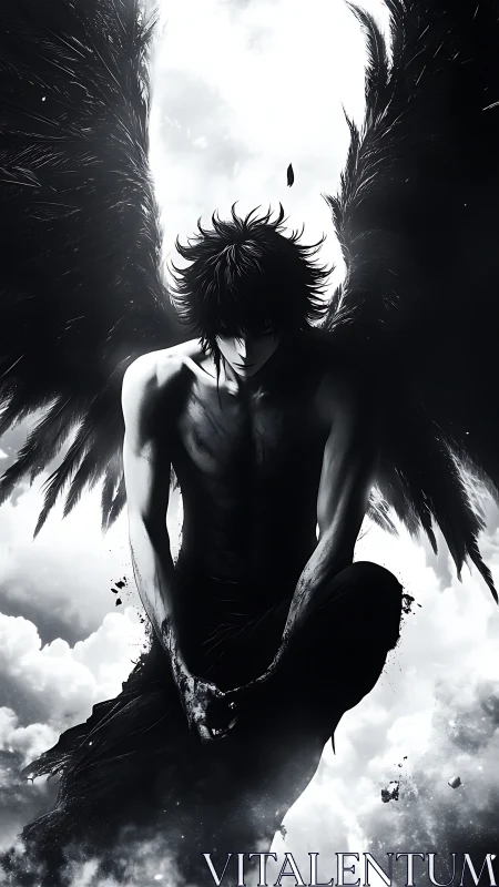 Dark winged male figure crouches against bright clouded sky