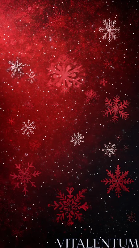 Red gradient snowfall background renders stylized snowflakes