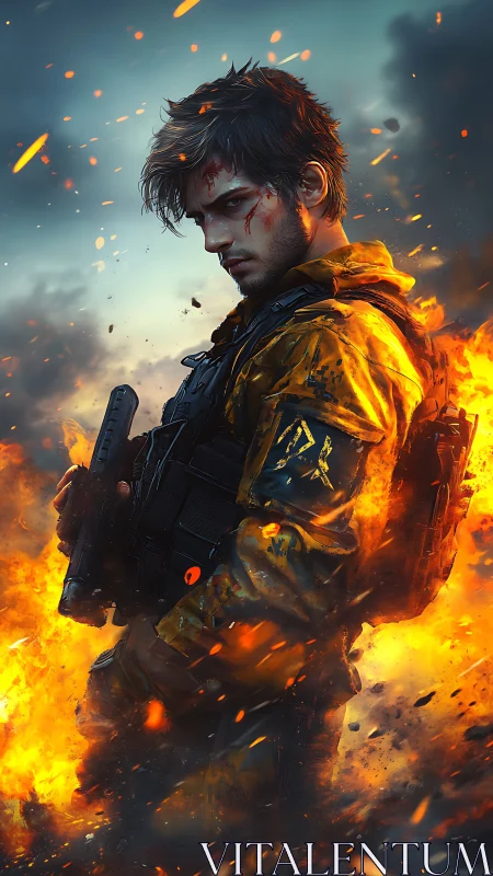 Battle-scarred tactical operator in flames, high-detail portrait