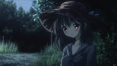 Moonlit garden wanderer in a wide straw hat of quiet dreams.