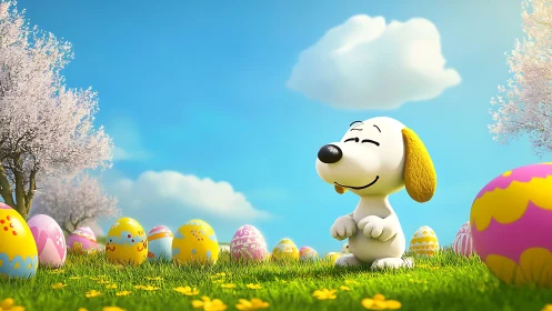 Cartoon dog in spring meadow with colorful Easter eggs.