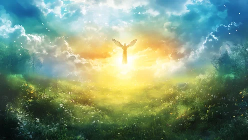 Gentle dawn meadow with radiant soaring angelic light.