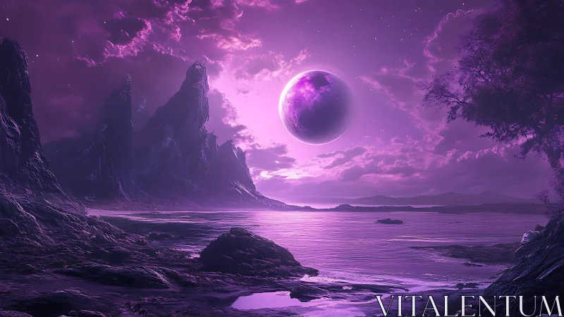 Violet alien shoreline glows under a radiant eclipsed moon