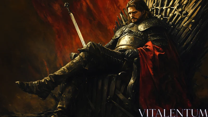 Battle-weary king resting on a jagged iron throne.