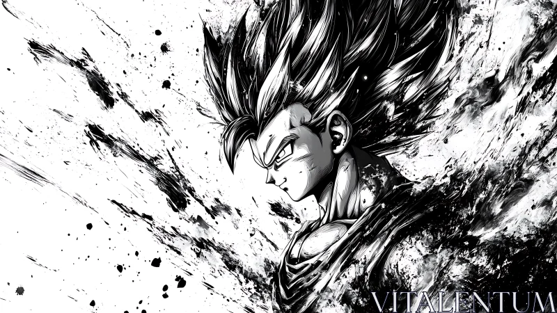 Monochrome profile of spiky haired anime warrior figure.