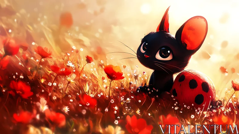 Ladybug-tailed black kitten in glowing poppy meadow at sunset