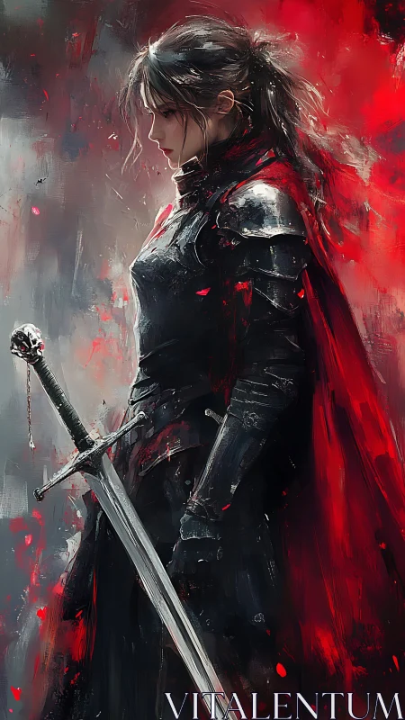Armored female knight in profile with longsword and red cloak