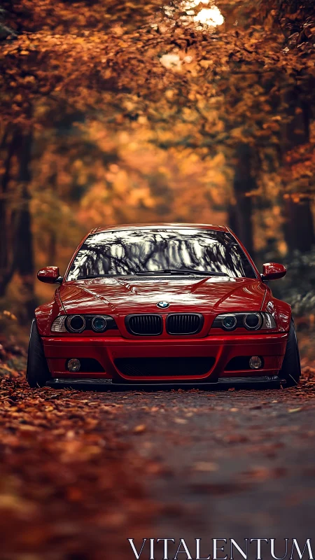 Red BMW sedan on forest road framed by autumn foliage.