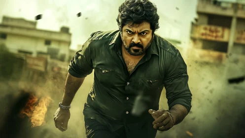 Determined street hero charging through swirling chaos.