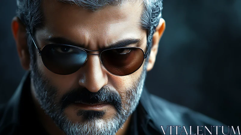 Intense silver-bearded man in reflective aviator sunglasses.