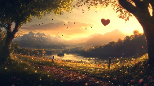 Dreamy sunset landscape with heart-shaped balloon, fantasy art style.