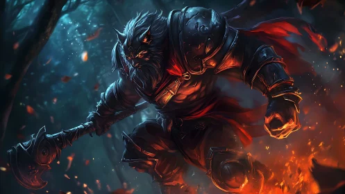 Fierce armored beast warrior charging through blazing fire.