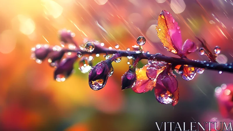 Macro raindrop refraction on crimson foliage in bokeh field.