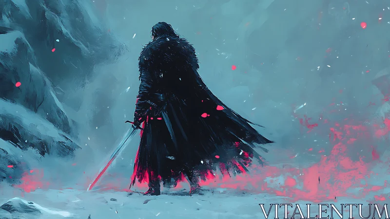 Lone sword warrior on frozen battlefield with red embers.