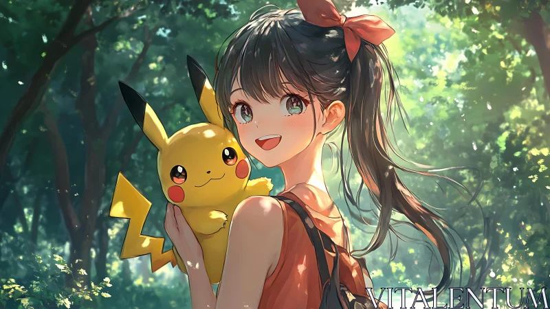 Backlit anime girl holds electric mascot under dappled forest light